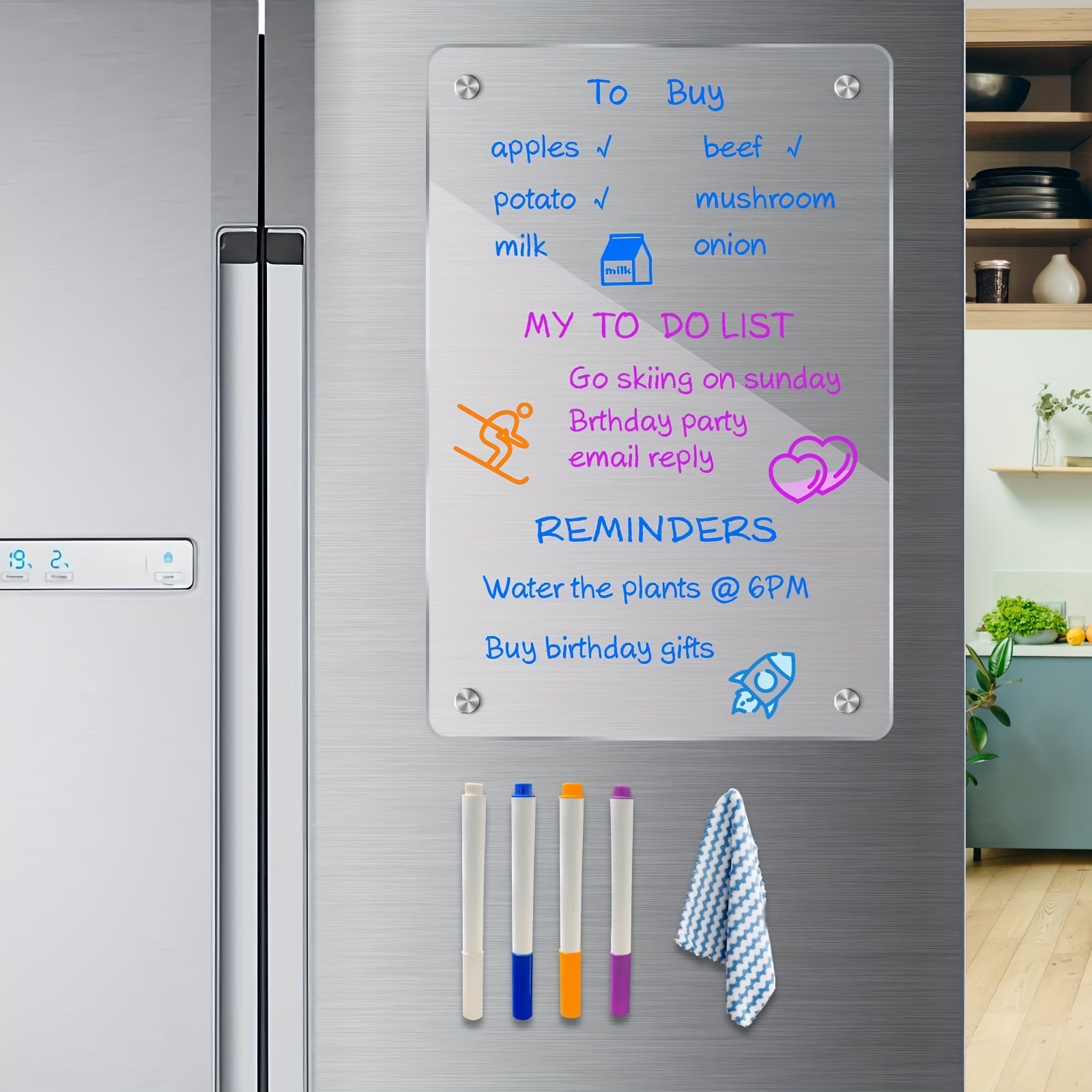  Calendario acrílico para nevera, calendario de refrigerador de  16 x 12 pulgadas, calendario transparente reutilizable para refrigerador, 6  marcadores de borrado en seco con 3 colores y paño de : Productos de Oficina
