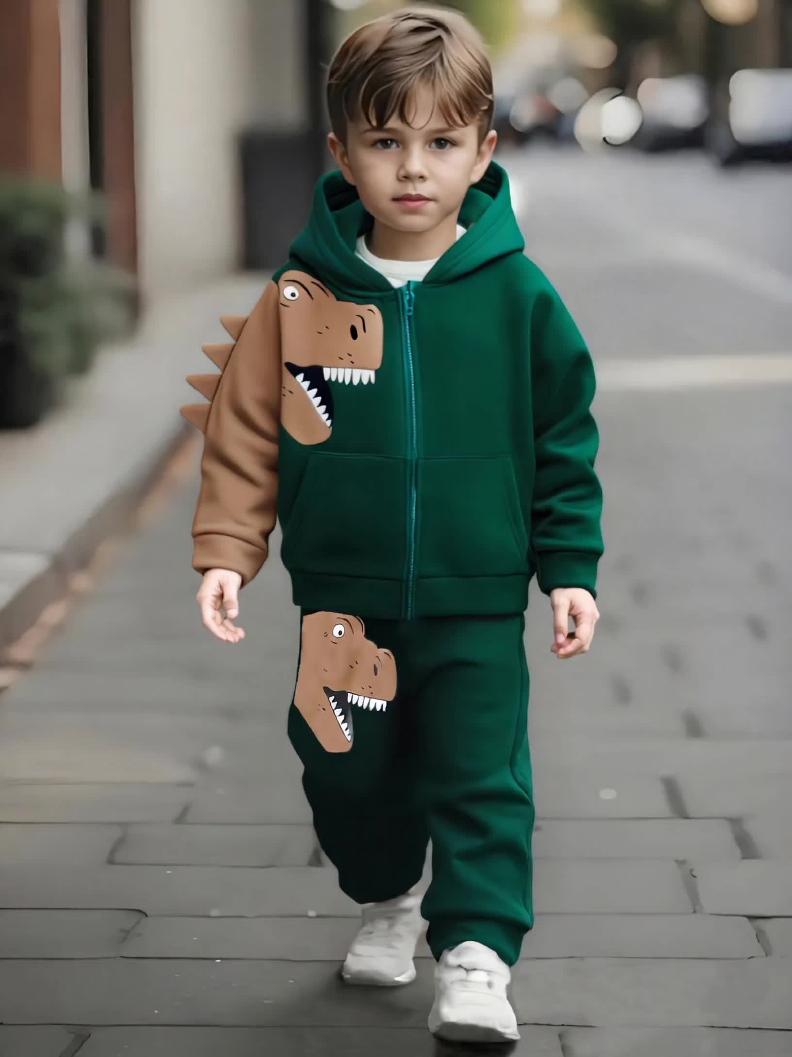 Toddler's 2-Piece Set, Fleece-Lined Hoodie And Pants, Dinosaur Pattern, Autumn/Winter Outdoor Outfit, Soft And Cozy, Machine Washable - Image 11