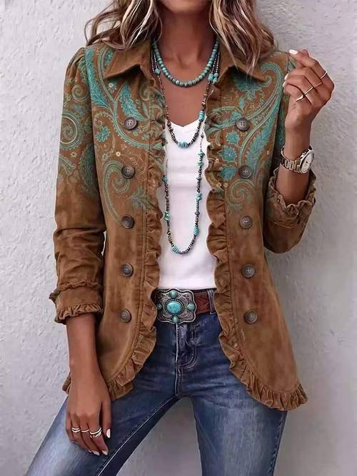 item picture women ruffle trim button front long sleeve cardigan draped collared drop shoulder casual layered outercoat for spring autumn
