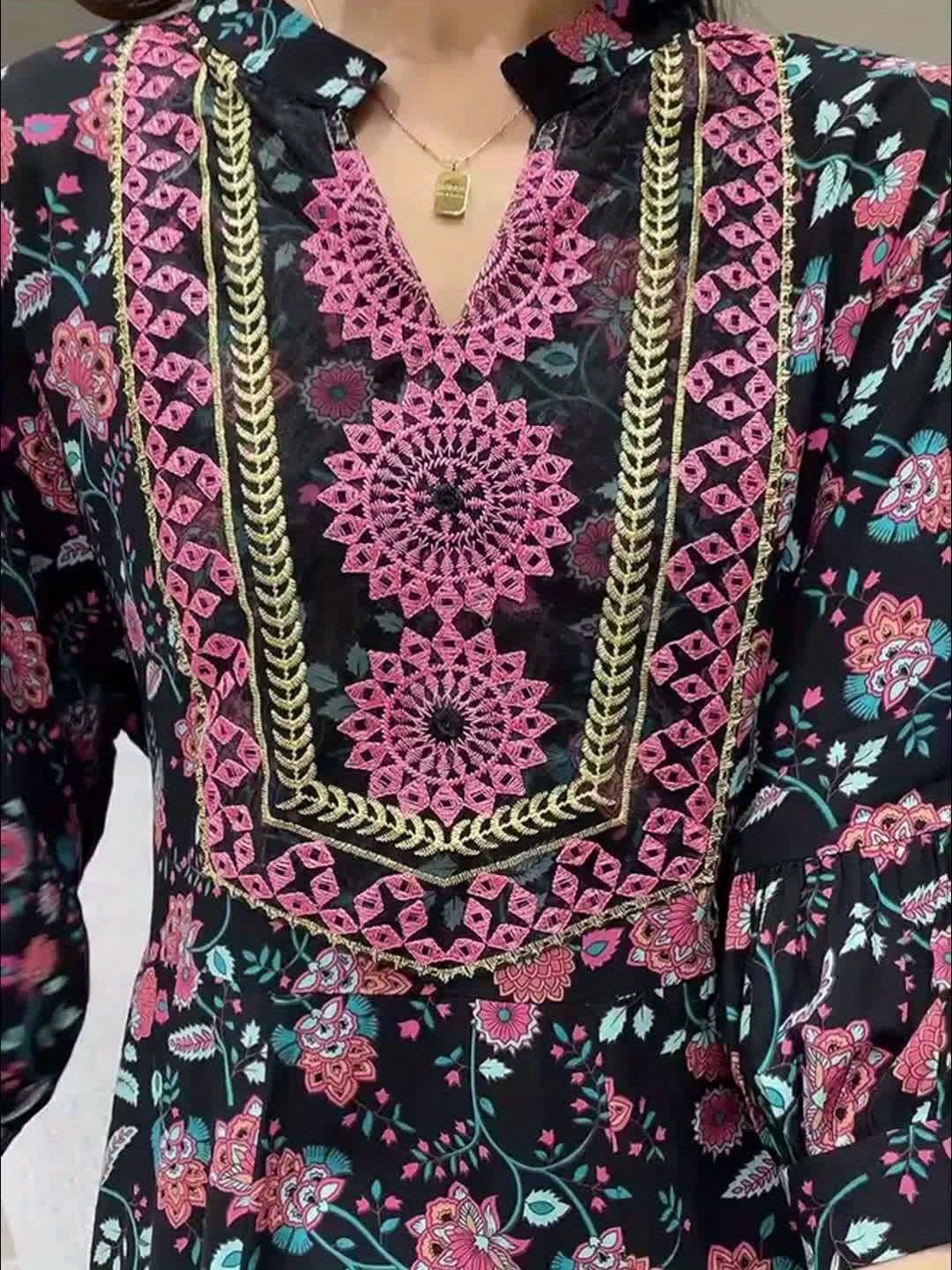 Elegant floral embroidered Middle Eastern tunic dress with V neck and belt