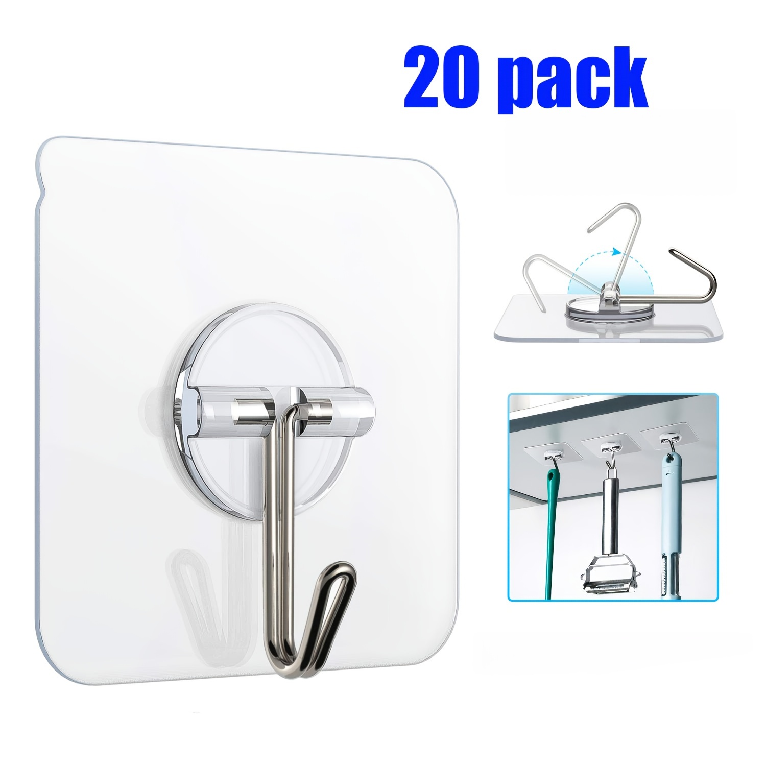 Adhesive Hooks for Hanging 24 Pack,Heavy Duty Wall Hooks 33 lbs 304  Stainless Steel Self Adhesive Sticky Hooks Waterproof Bathroom Hooks  Transparent