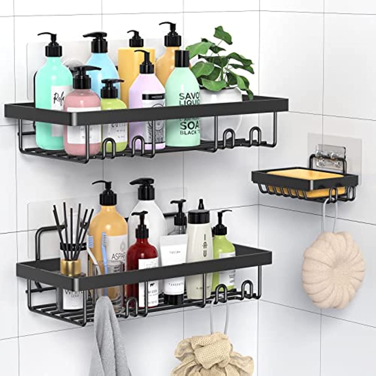 HEOMU Bathroom Hanging Shower Caddy, Shower Organizer Shelves with 4 Hooks,  Rustproof & Waterproof Shower Storage Rack for Shampoo, Conditioner, Soap