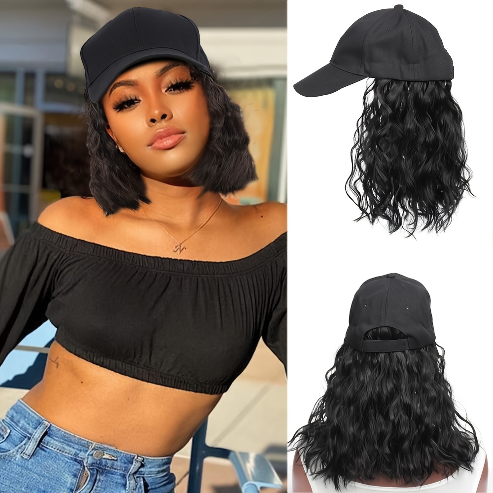 Gorra de béisbol negra con extensiones de cabello para mujer, largo,  ondulado, Yaki, pelo lacio, peluca corta, gorra ajustable, resistente al  calor