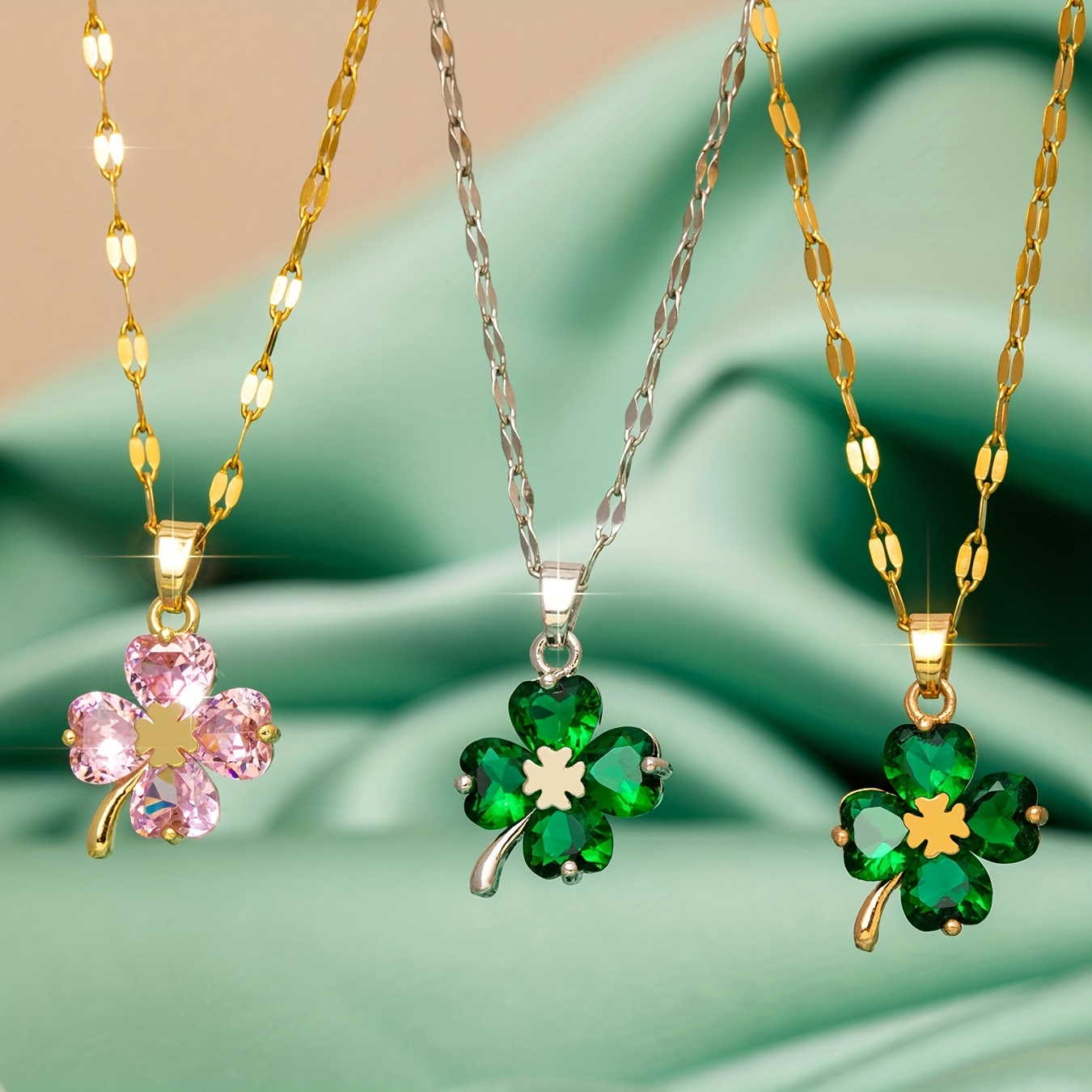 Double Sided Heart Clover Chain, Four Leaf Clover Necklace