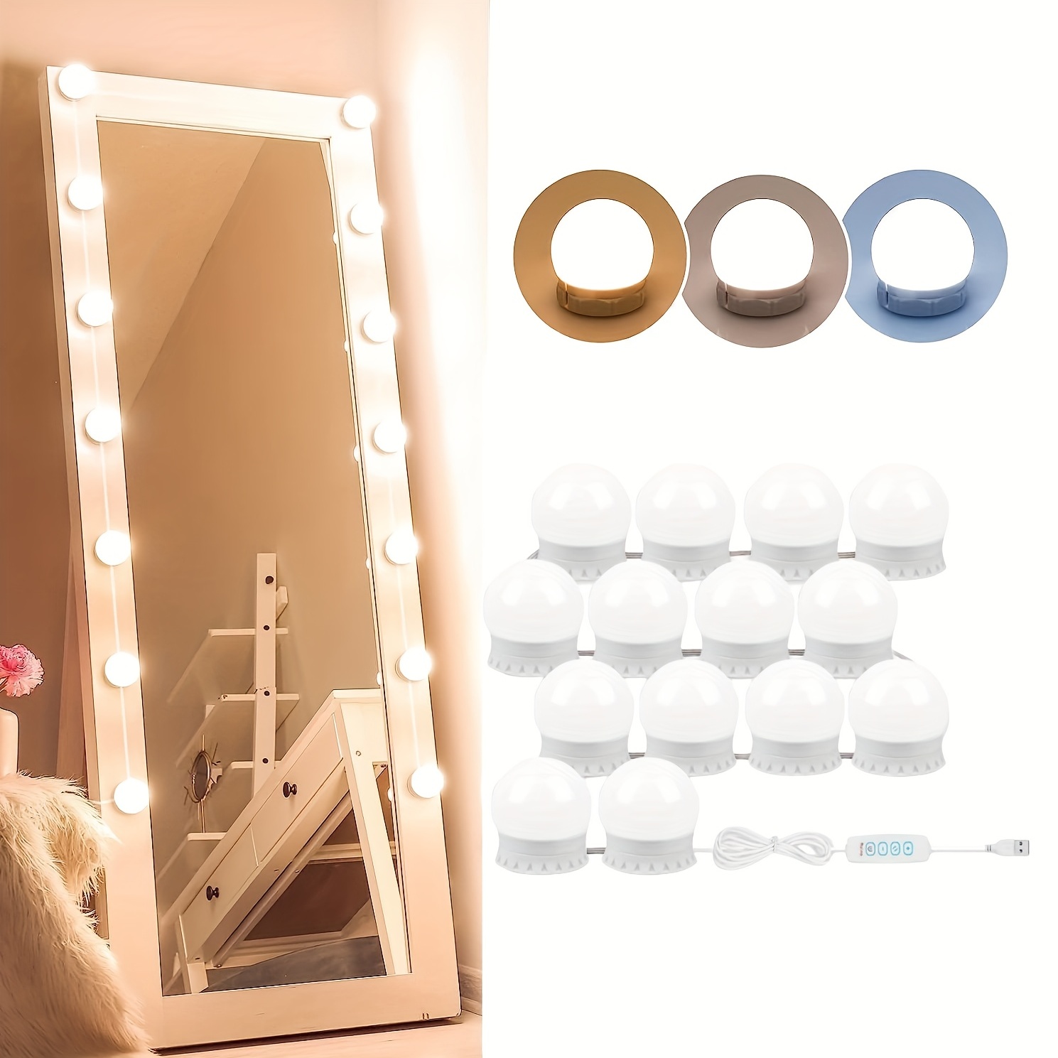 Lumière de Miroir Kit de 14 Ampoules pour Coiffeuse Maquillage, 3 Couleurs  et 10 Luminosité,Lampe Coiffeuse USB avec Interrupteur