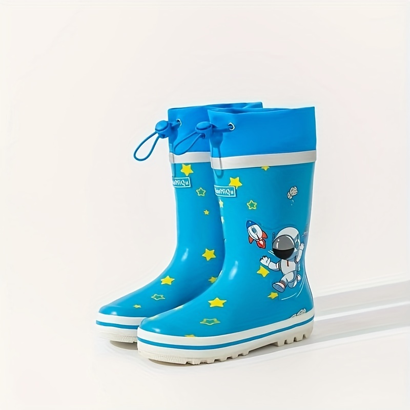 Boys and Girls Casual Cartoon Rain Boots with Astronaut and Bunny Print, Easter/rabbit/bunny Non-Slip Waterproof Drawstring Rubber Boots for