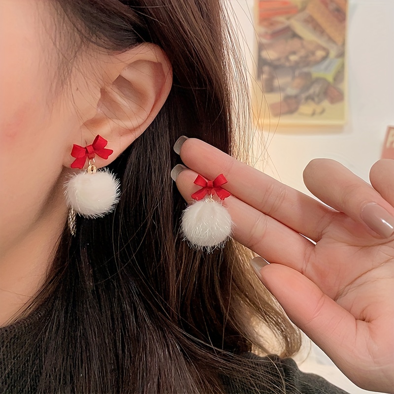 Christmas Red Flocking Bow Faux Pearl Decor Dangle Earrings Retro Elegant Style Zinc Alloy Jewelry, Jewels Delicate Christmas Ear Ornaments, Free