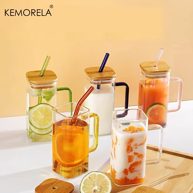 Glass Cups with Bamboo Lids and Straws - Cute Drinking Glasses  - Trending Drink Glasses 4-PCS Cocktail Glass Tumblers Set - Bar Accessories  for Smoothie Iced Coffee Soda Water 