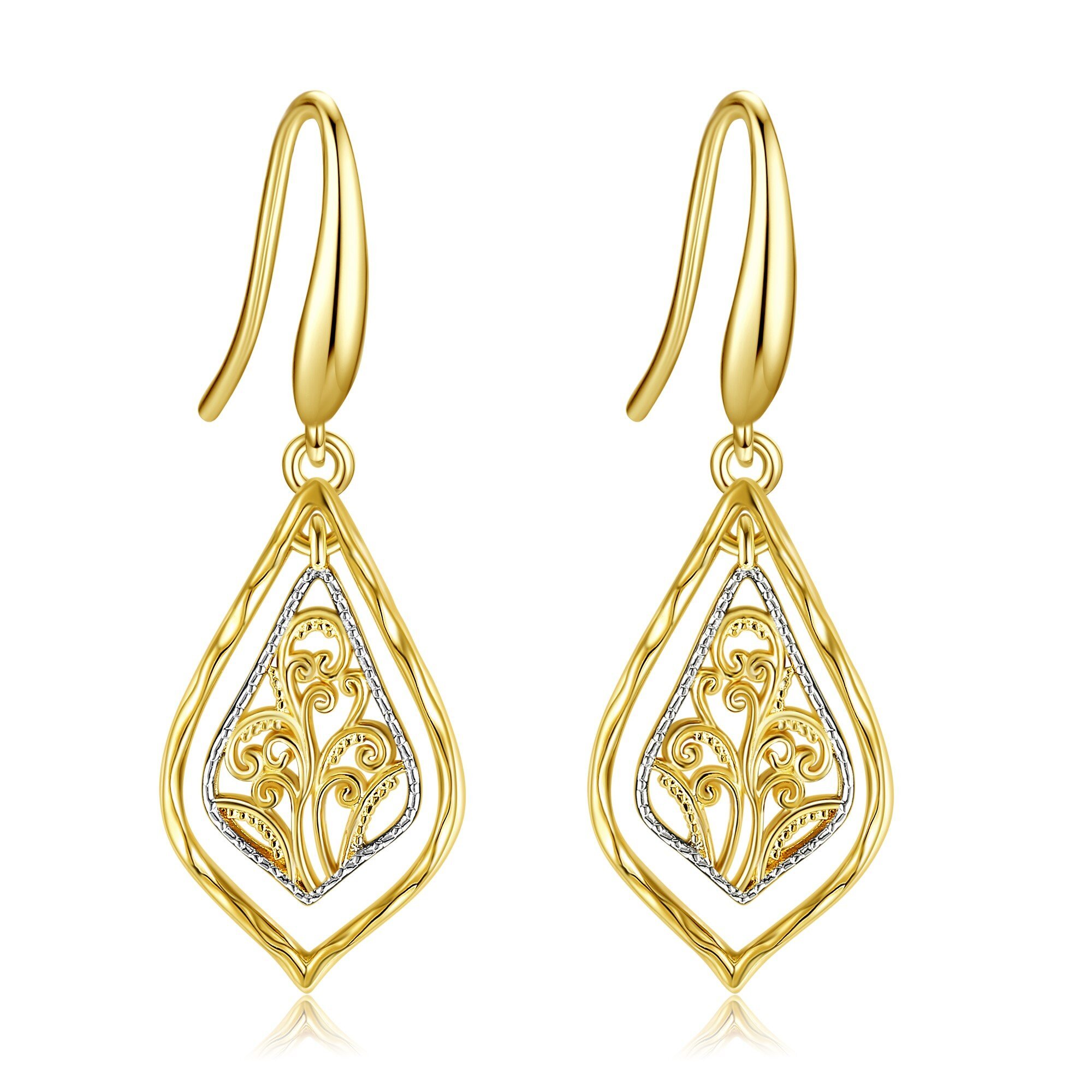 Women's 925 Sterling Silver Two Tone Filigree Dangle Earrings