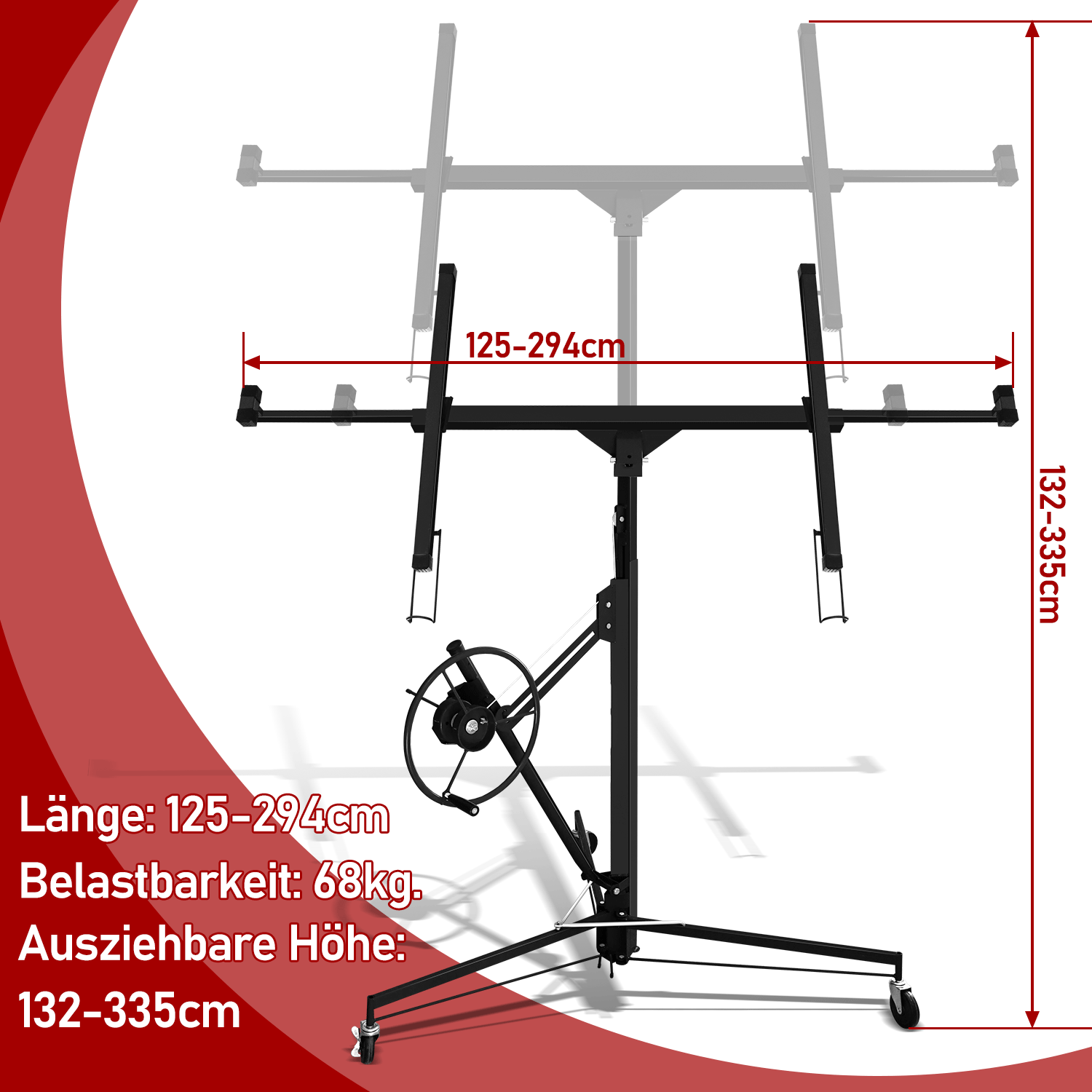 Folding Panel Lifter Xxl, 140 Cm-350cm Working Height, Height-adjustable, 68kg Load Capacity, Max. 290cm Load Arm Width For Plasterboard (black/blue/red)