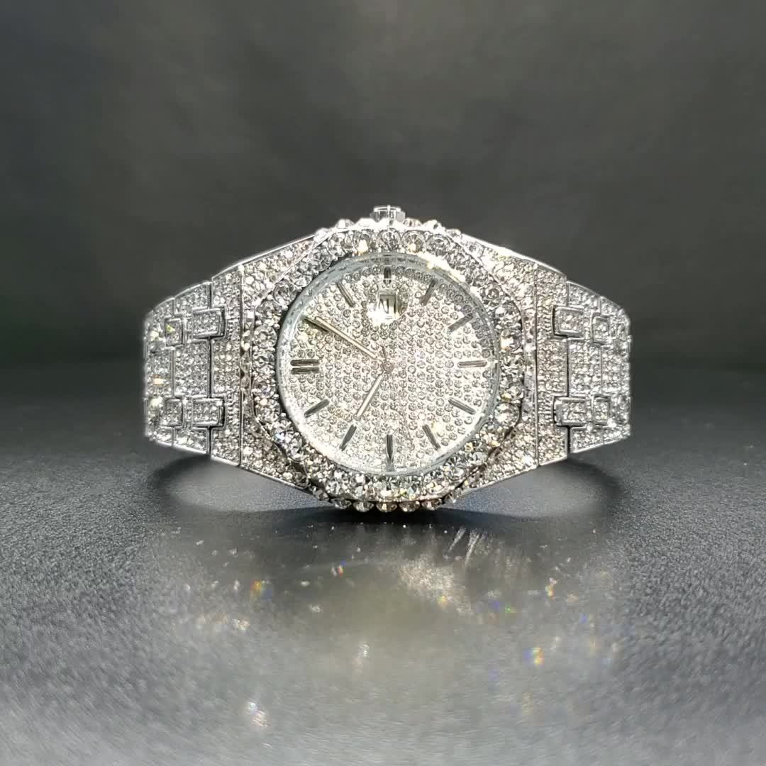 Hip Hop Ice Out Rhinestone Watch for Men with Night Light