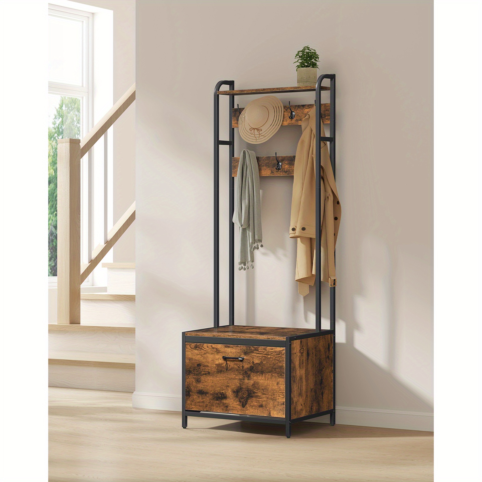 TEMU Vasagle Coat Rack With Shoe Storage, Hall Tree With Bench, 7 Hooks And Top Shelf, For Hallway, Bedroom, Industrial Style, Rustic Brown And