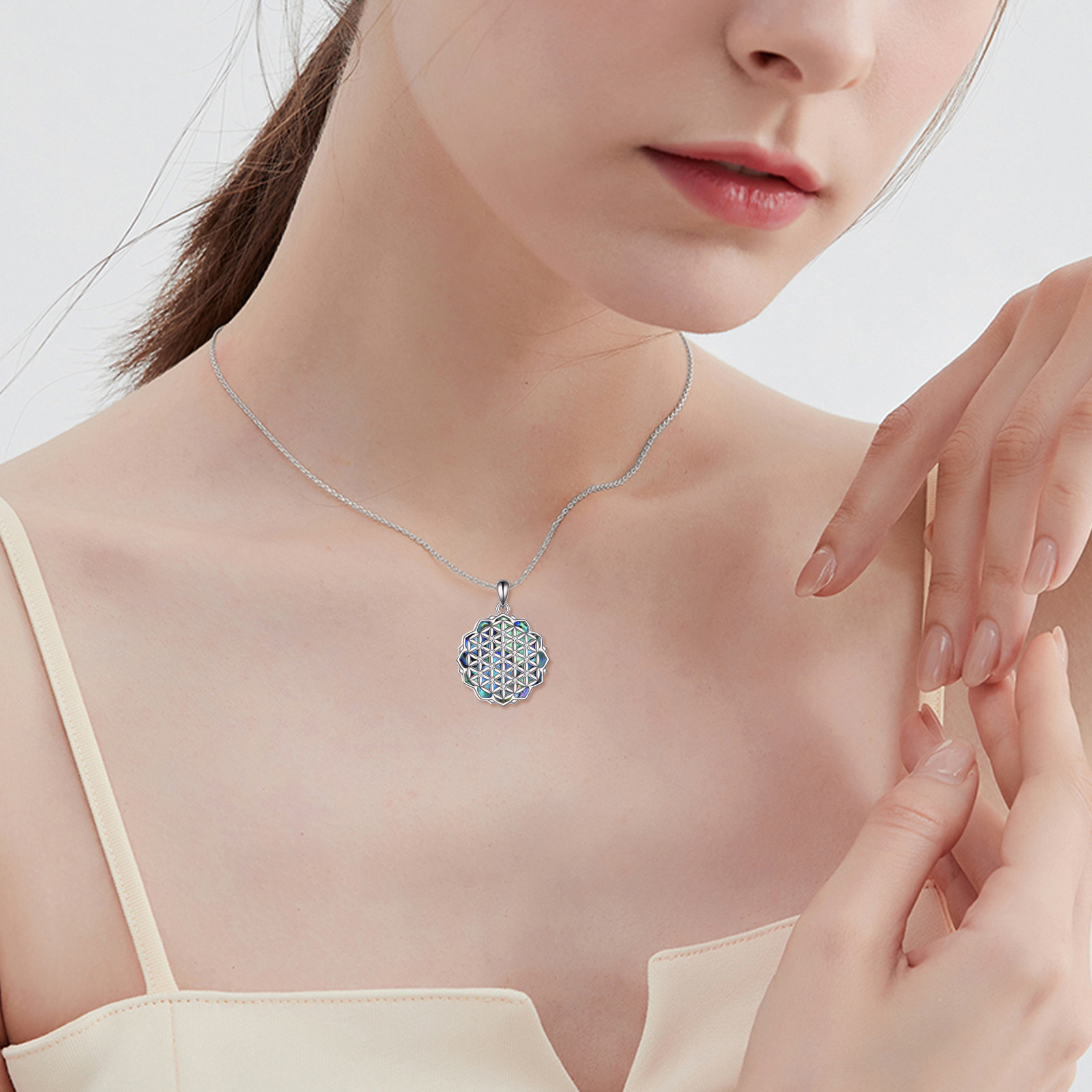 S925 Sterling Silver Flower of Life Necklace with Abalone Shell