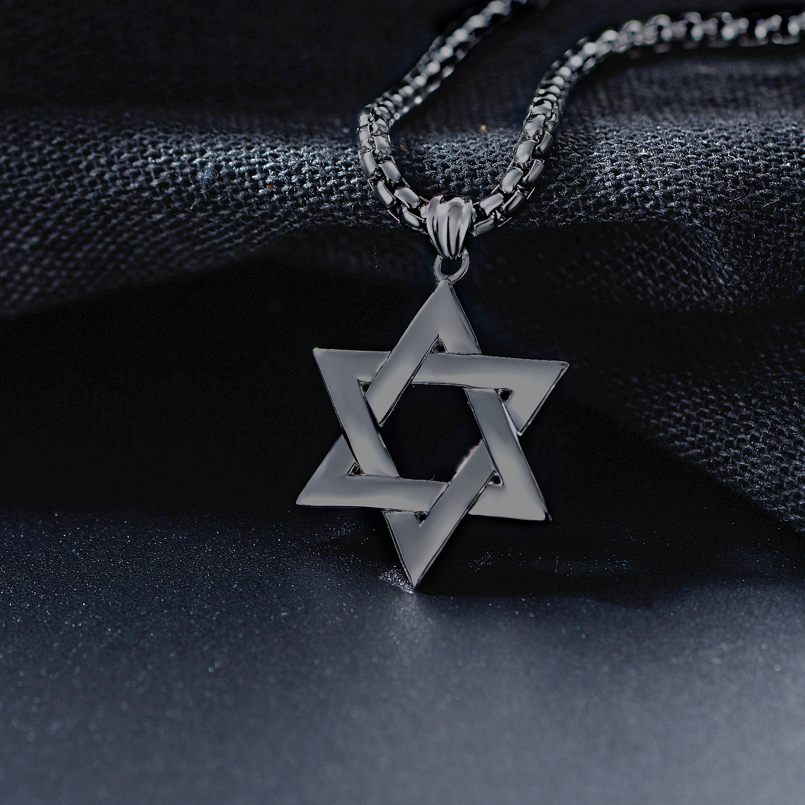 EC4Shop Men's Retro Star Of David Stainless Steel Pendant Necklace - Silver & Black - Israel Jewish
