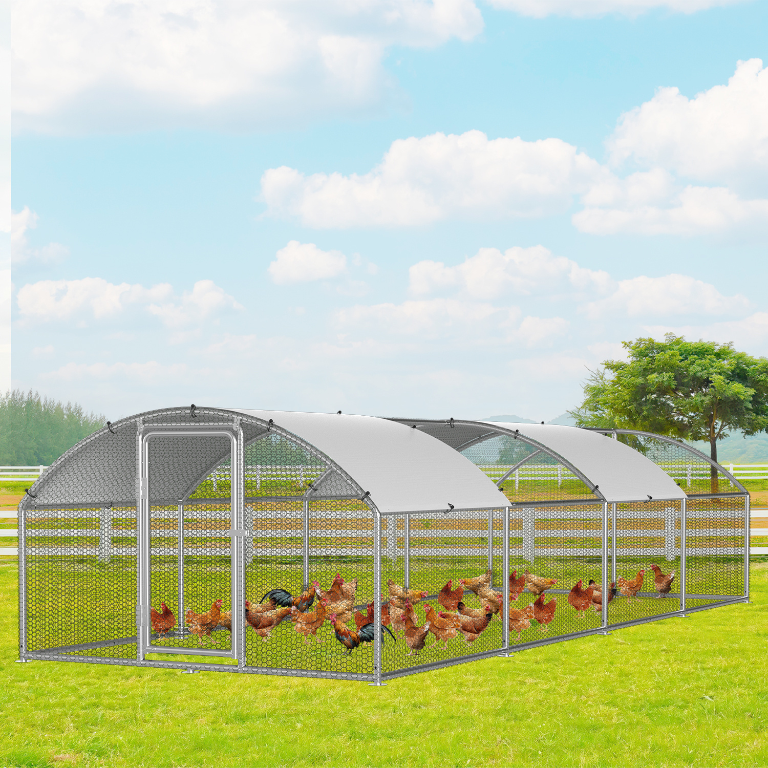 Image of 3 X 8 X 2m Chicken Coop Outdoor Run, Steel Small Animal Enclosure With Safety Lock And Roof For Garden, Chickens, Ducks And Rabbits