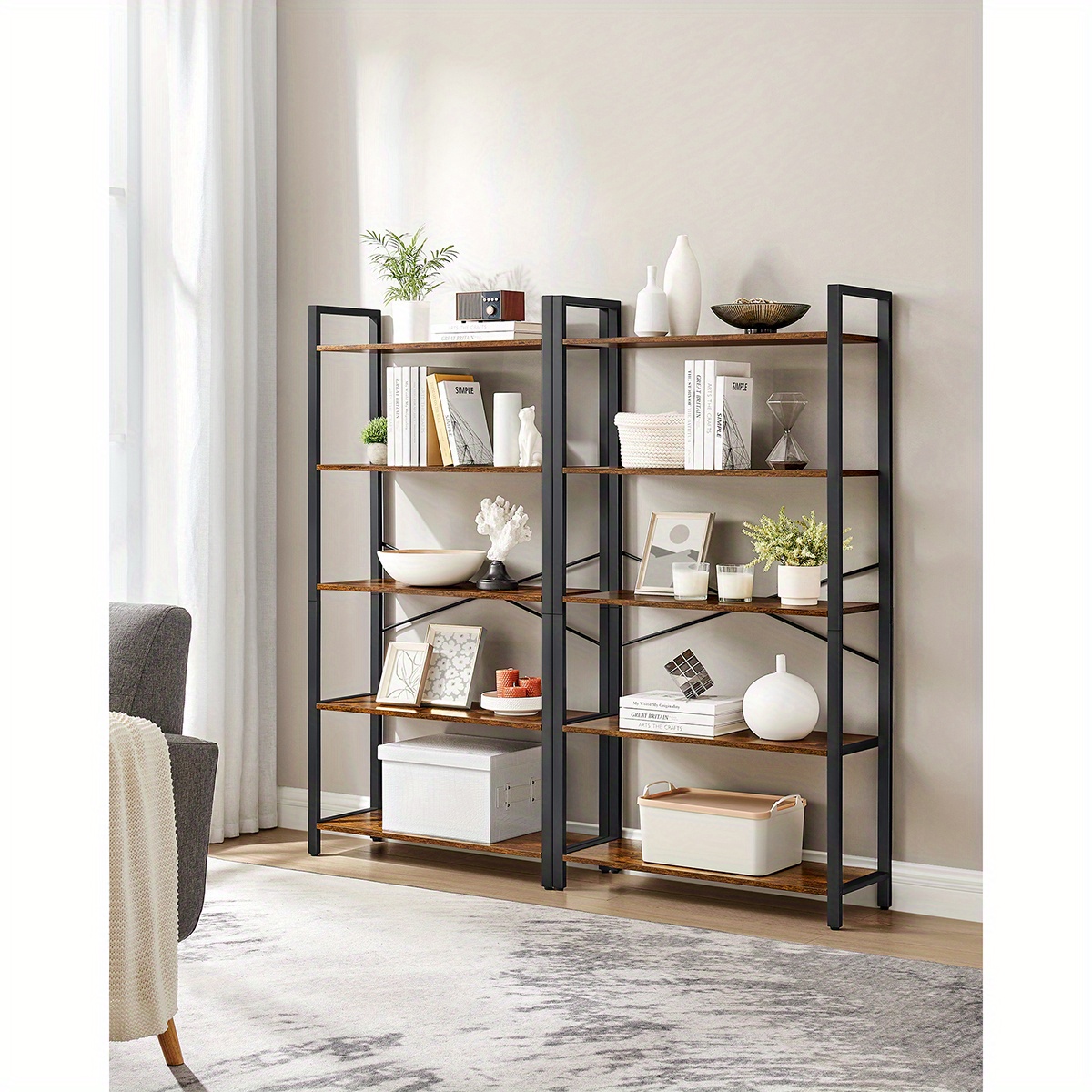 TEMU Étagère de Rangement à 5 Niveaux avec Cadre en Acier, pour Salon, Bureau, Cabinet d'Étude, Couloir, Style Industriel, Marron Rustique et Noir