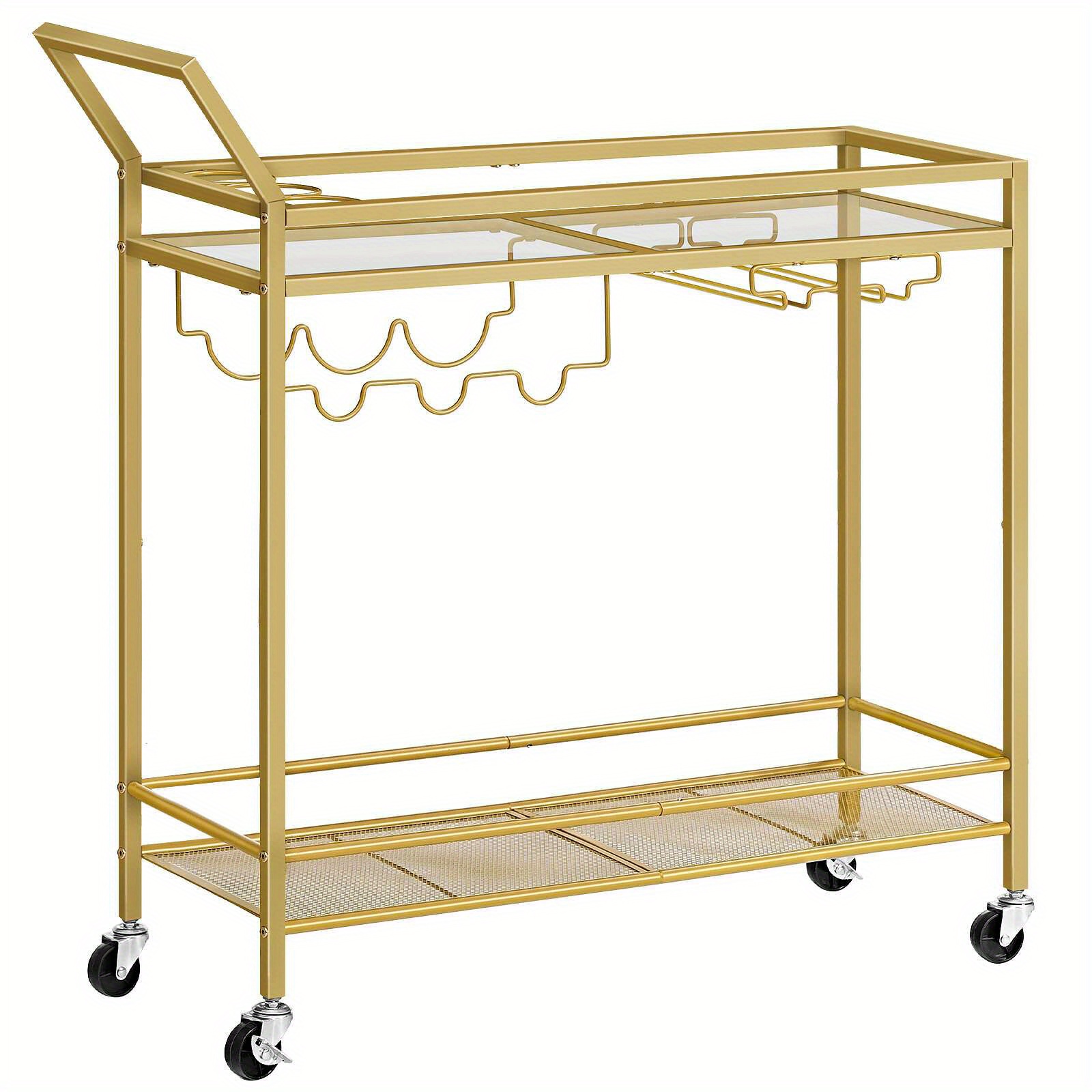 Image of Golden, Home Bar Cart, 2-tier Kitchen Cart With Wine Rack And Glass Holder, Serving Cart With Wheels And Guard Rails For Dining Room, Living Room, Party, Bar