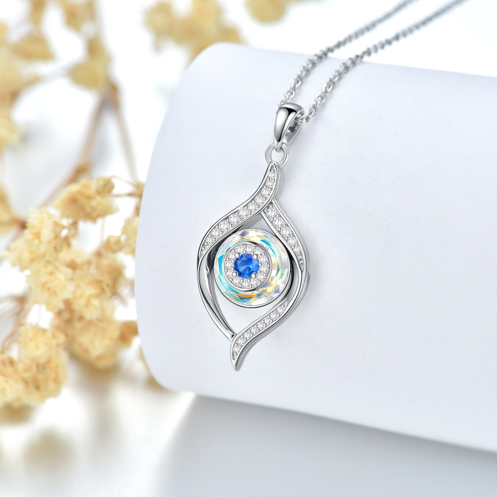 Sterling Silver Evil Eye Pendant Necklace, Greek Eyes Amulet