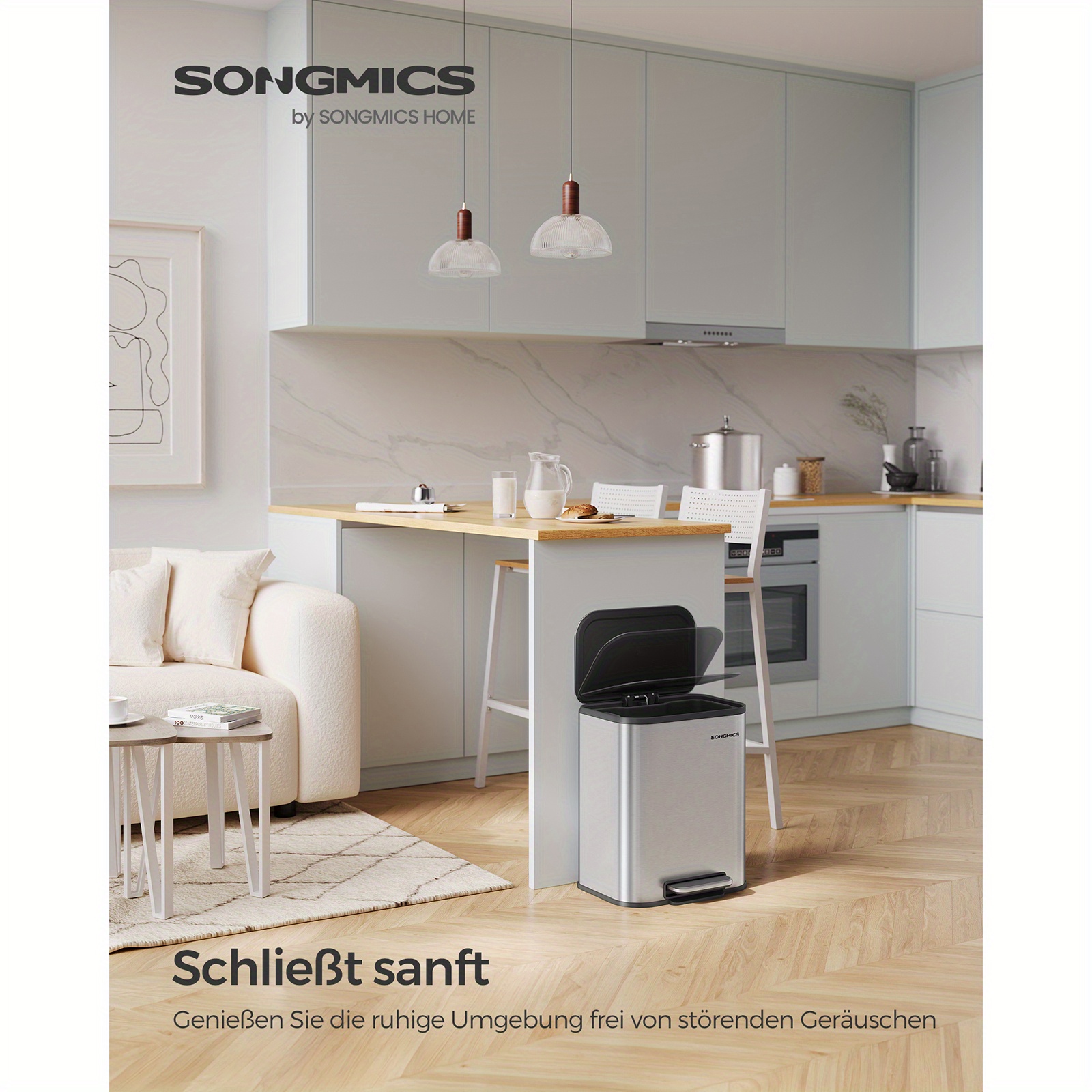 Kitchen Bin, 20l Pedal Bin, Steel Trash Bin, Lid, Stays Open, Inner Bucket, Wide Non-slip Pedal, Metallic Silver