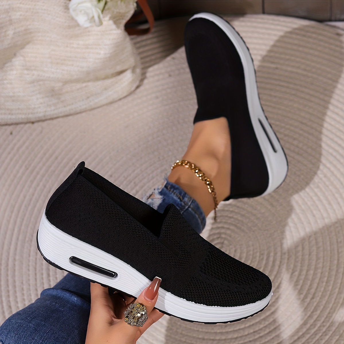  RUIDENG Casual Sneakers for Women Platform, Chunky Shoes  Walking, Air Cushion Thick Rocker Bottom All Black Size 5