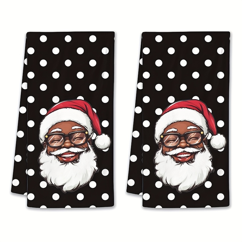 TEMU 2pcs Modern Cartoon Santa Claus (wearing Glasses And Red Hat) Design Kitchen Towels, Black And White Polka Dot Pattern, Very Suitable For