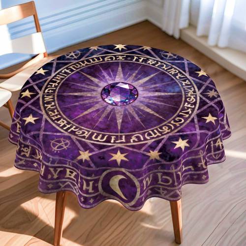 item picture 2d printing 150x150cm 59x59 inch round tablecloth featuring mysterious symbols and gems this printed tablecloth showcases with a print suitable for durable easy to