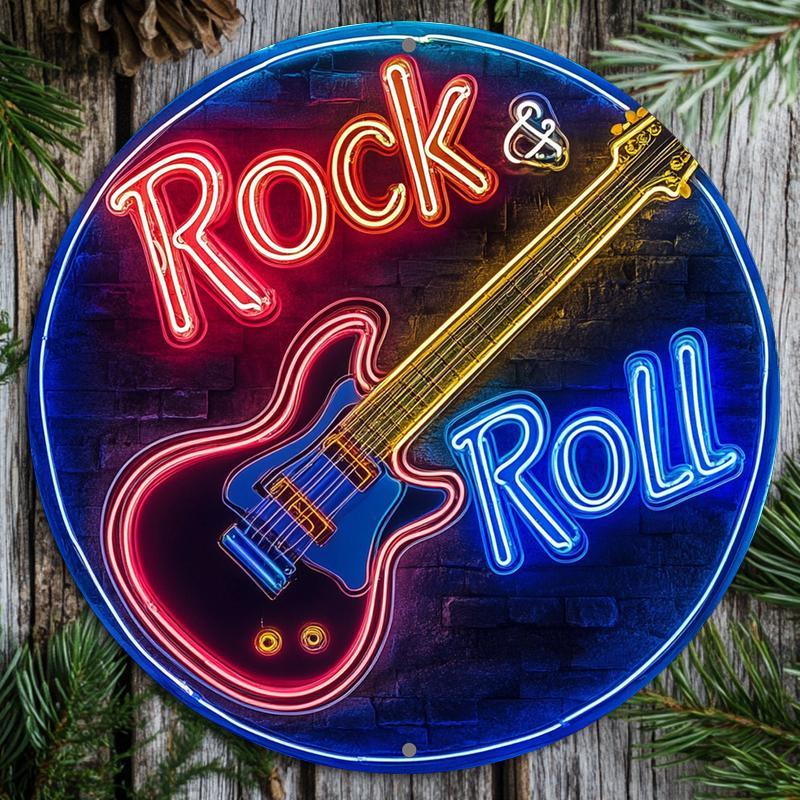 TEMU Panneau mural plat 2D, 1 pièce, uniquement à usage décoratif, rond en aluminium sur le thème de guitare vintage 2D - Design "ROCK & ROLL" avec