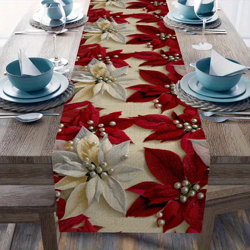 item picture 1pc elegant red and white poinsettia floral print table runner with   pattern festive dining decor for family   kitchen   in a   restaurant style to enhance holiday ambiance