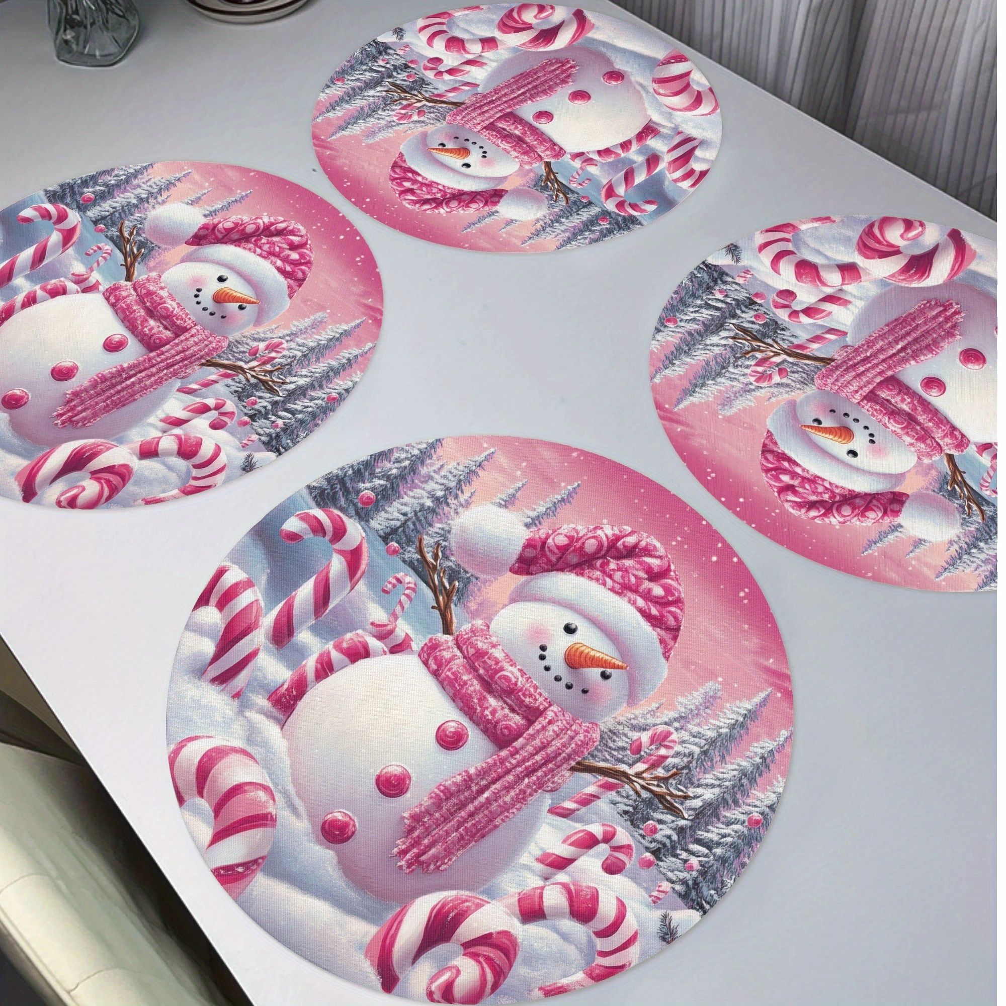 item picture 4pcs merry christmas pink snowman round placemats xmas candy cane winter seasonal non slip washable heat resistant table mats place mats 15 for party kitchen dining decoration