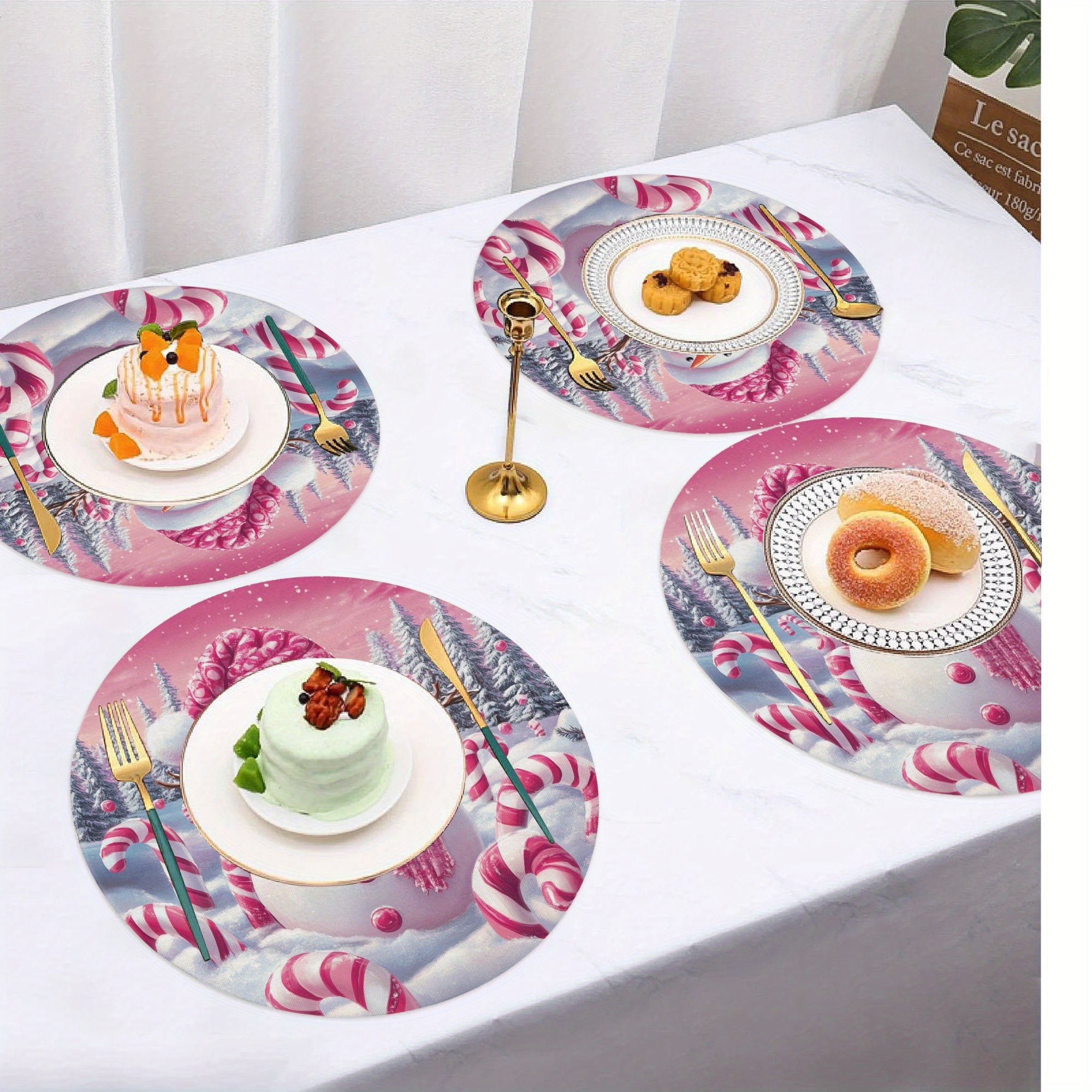4pcs merry christmas pink snowman round placemats xmas candy cane winter seasonal non slip washable heat resistant table mats place mats 15 for party kitchen dining decoration