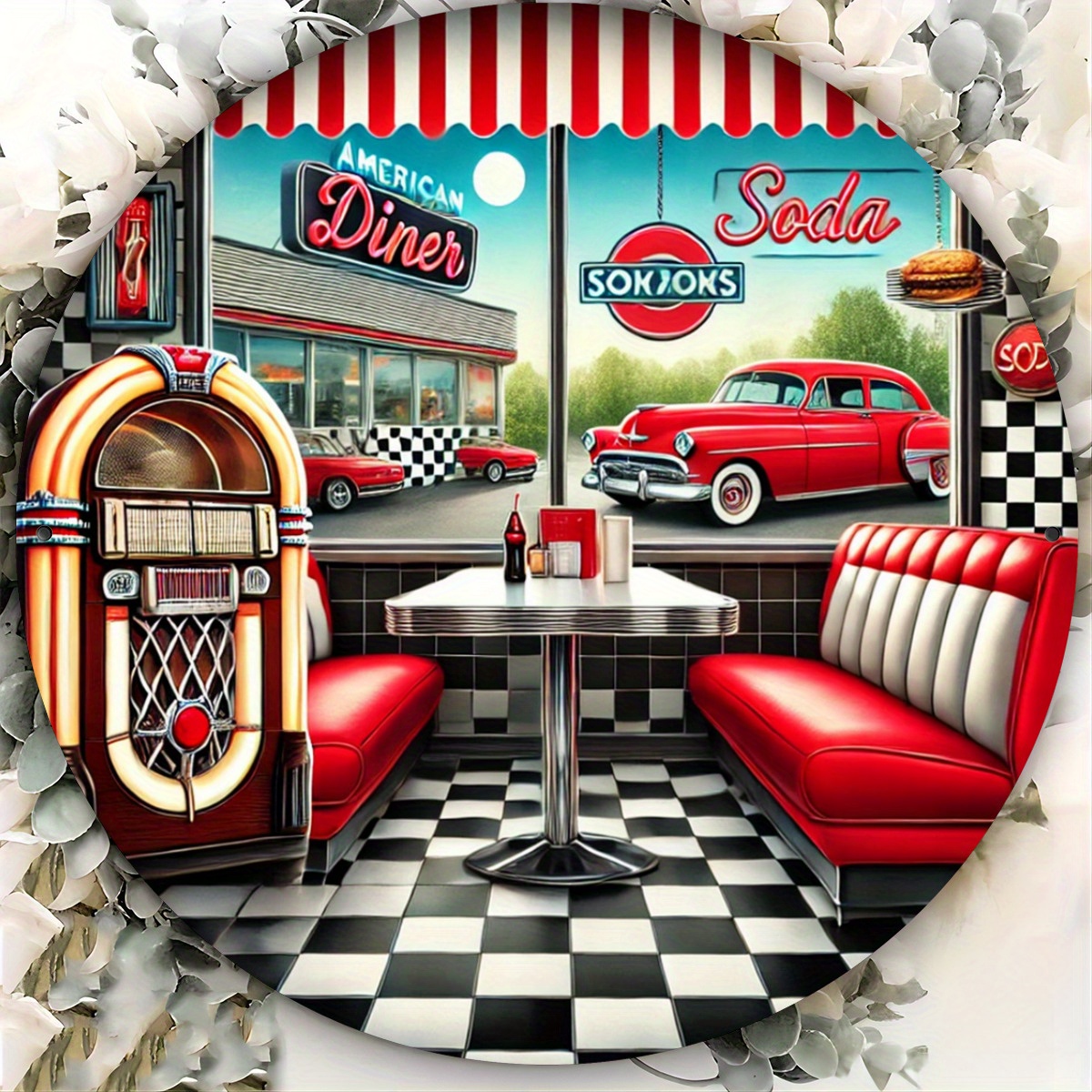 TEMU Plat 2D, Plat 2D - Art Mural en Métal Style Diner Américain Vintage, Panneau Rond de 7,8 Pouces de Diamètre, Toit à Rouge et Blanc, Juke-box et