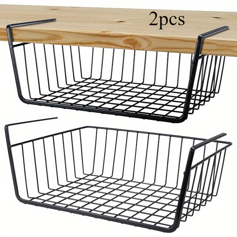 item picture 2pcs medium metal under shelf storage baskets modern black hanging organizer for kitchen and bookshelves space saving design sturdy frame pantry organization and storage modern metal construction non food contact shelf baskets