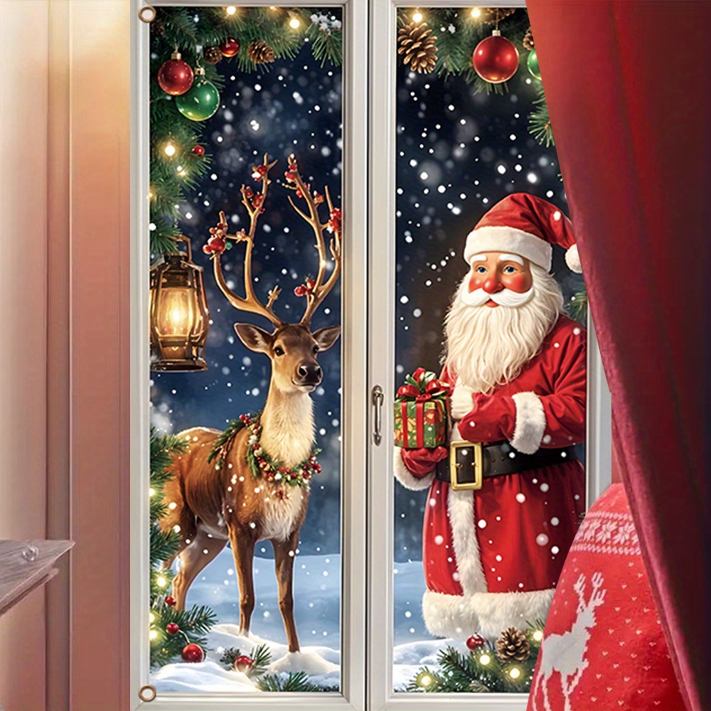2D Plat, Zelfklevend Kerst Raamvlag met Santa & Rendier - Sneeuwvlokken Vlaggenslinger Met Hulstbessen En Twinkel-Effect, Duurzame Binnen/Buiten Feestdecoratie
