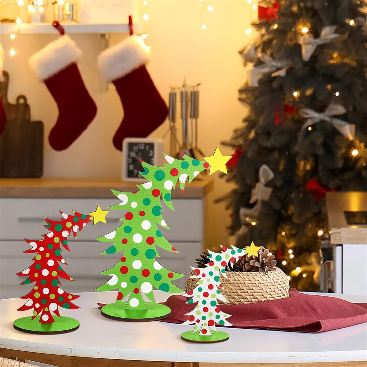 TEMU 3pcs Wooden Christmas Tree Ornaments | Festive Polka Pattern Tree Hangings, Suitable For Christmas Decor, Home Party Tabletop, Indoor Use
