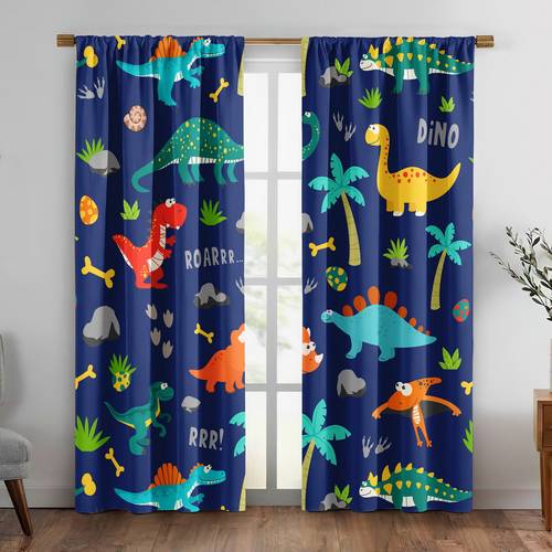 2pcs curtain fabric heat insulation and light blocking curtains for bedroom dinosaur print cartoon animal valance window supplies polyester machine washable bedroom living room kitchen decoration birthday gift curtain rod not included bedroom