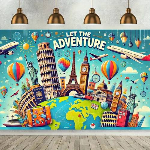 item picture 2d flat 1pc party banner 2d flat printing 8x6ft adventurethemed backdrop banner vibrant world landmarks airplanes design with let the adventure begin text durable fabric wall decor for home office party use no electricity required