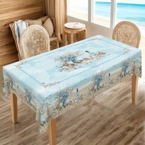 item picture 1pc ocean themed tablecloth with watercolor simulated seashells message in a bottles and patterns polyester fabric machine made rectangular table cover suitable for family parties kitchen and dining room decor ocean party