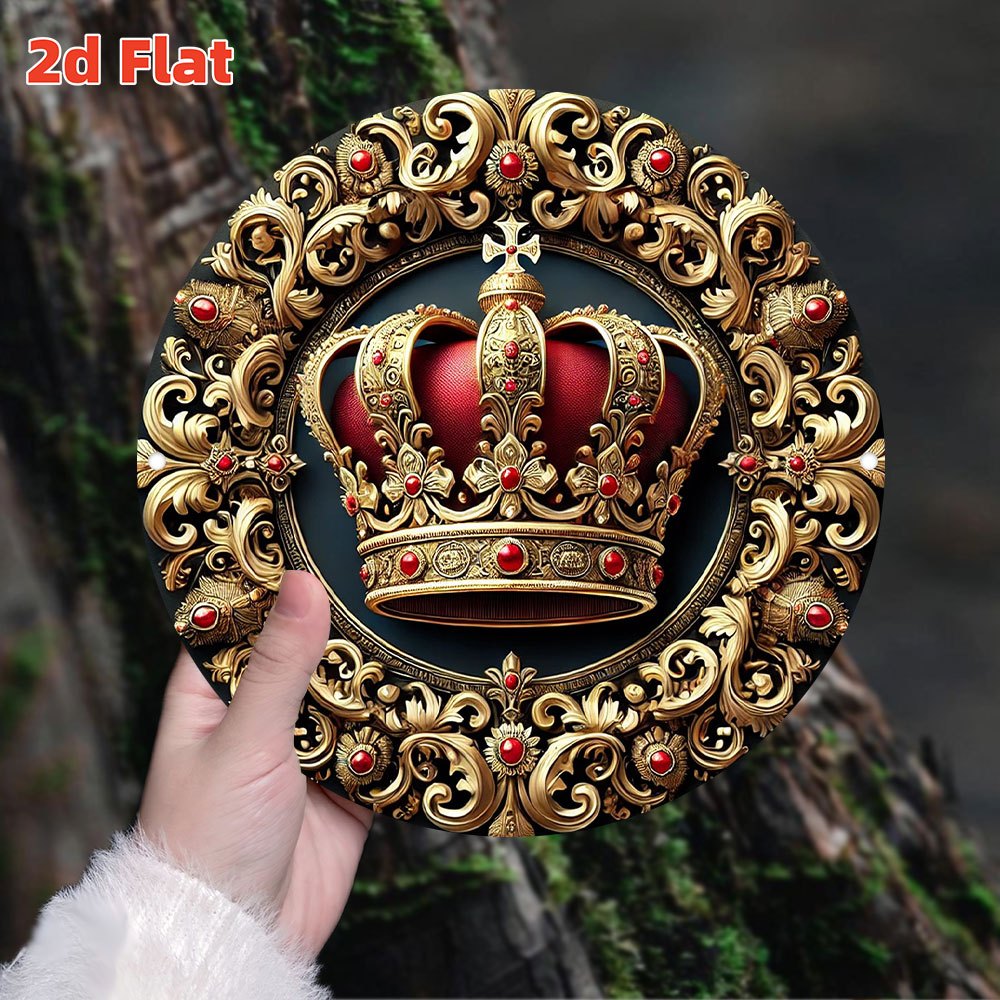 TEMU 2d Flat, Wall-mounted Metal Sign - Round Aluminum Decor With Elegant Crown Pattern, Suitable For Home, Cafe, Bar, Office Decoration - Unique