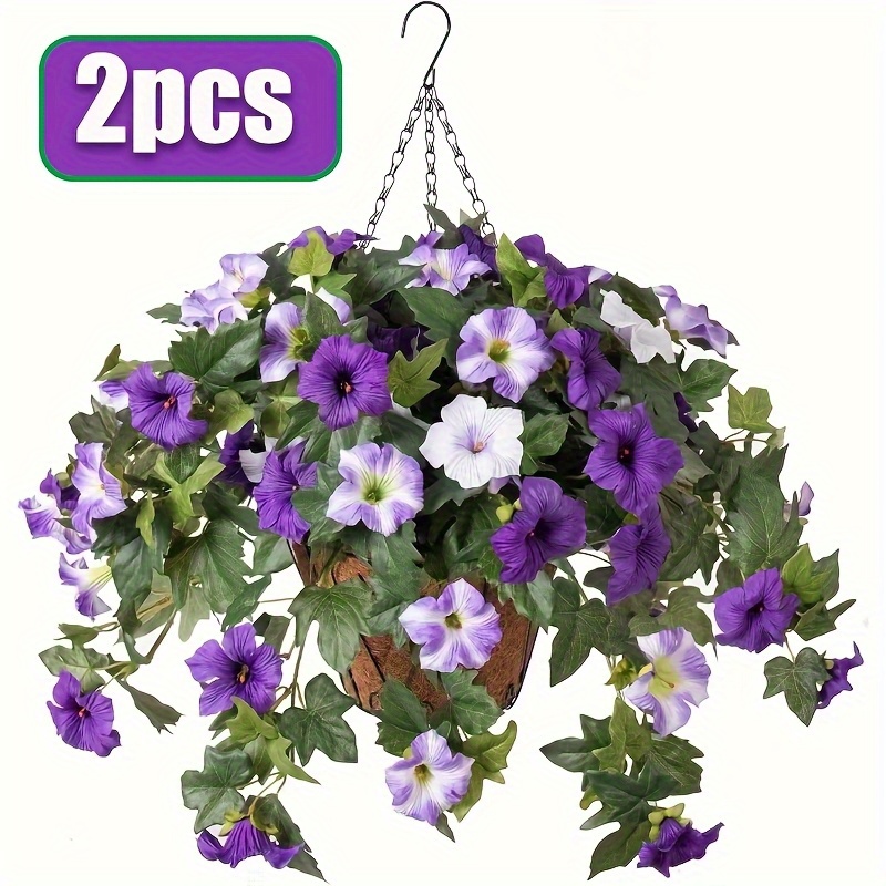 2pcs Realistic Purple Hanging Floral Basket -  -Resistant   Plants with Cascading Vine, Deep Violet & Green Foliage - Indoor/Outdoor Hanging Decor for Porch, Patio, Wedding, Housewarming Gift - Low-Maintenance   Hanging Flowers, No Watering Needed, Porch Decoration,   Greenery, Weatherresistant Material, Decorative Vines,  