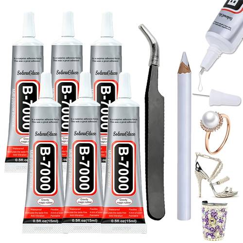 3 6pcs 15ml b7000 clear for rhinestones with crayon gloves and tweezers strong b 7000 jewelry bead gem with precision tip quick dry bedazzling for jewelry making clothe fabric shoes diy crafts nail art
