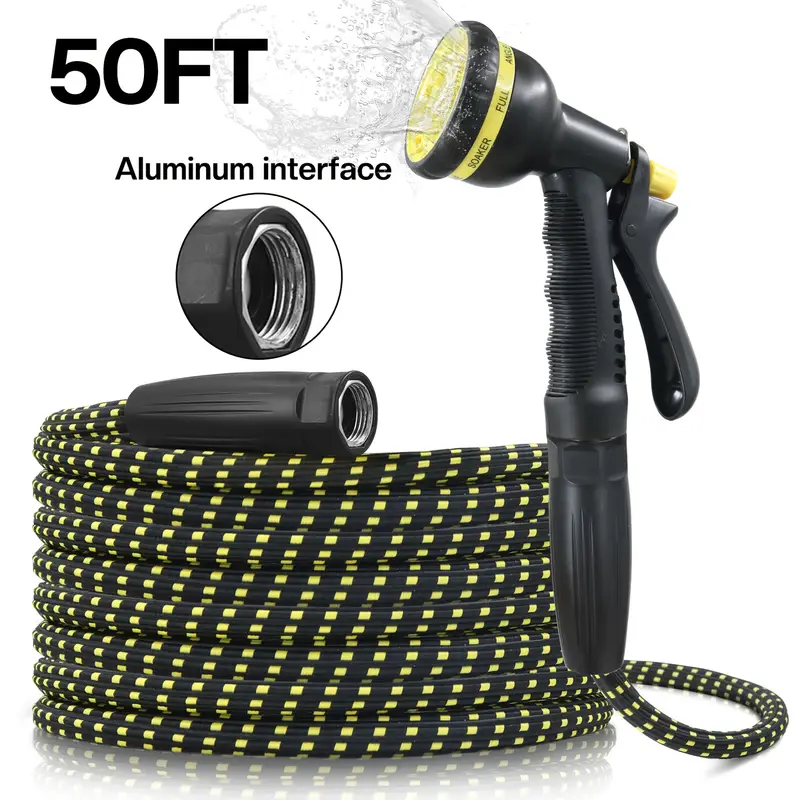 50ft heavy-duty high-pressure garden hose with spray gun & aluminum connectors - lightweight tpe composite & rubber construction, high quality inner tube, outdoor watering system for lawn, car wash, yard - durable leak-resistant design, easy coil storage (compatible standard threads), extendable garden hose, retractable hose for garden, garden hose connector, hoses for garden, light weight garden hose Product details 1