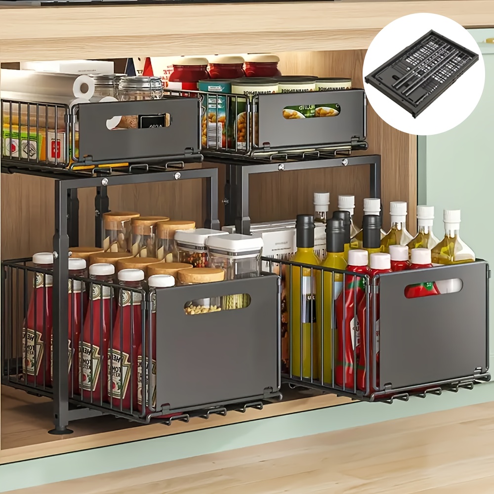 2 tier metal under sink organizer folding double layer pull out basket space adjustable kitchen storage rack under sink organizer spice jar storage rack slide out drawersaving cabinet countertop storage solution for kitchen bathroom
