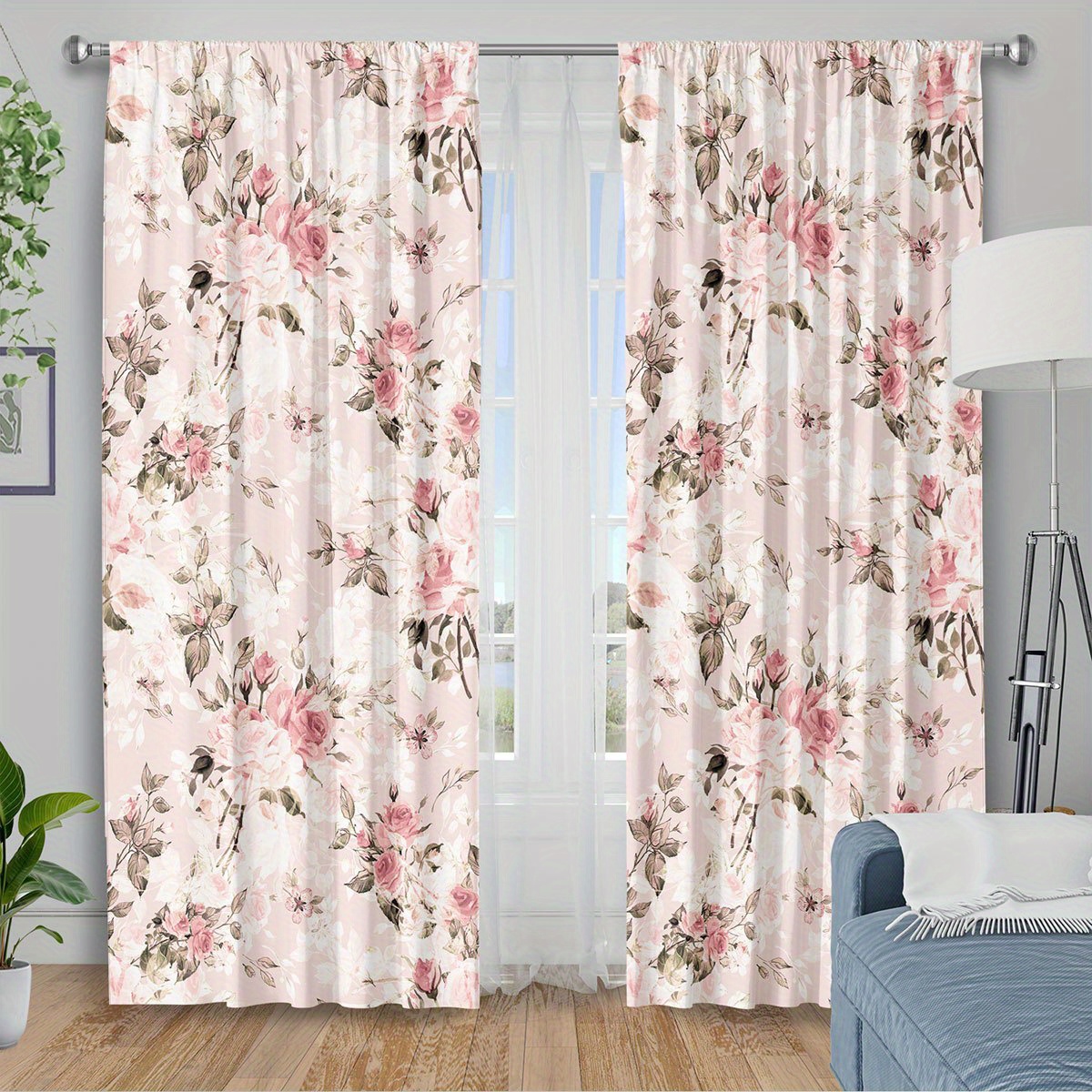 TEMU 2d Flat - 2d Flat, 2-panel 2d Flat Printed Curtains With Pink Rose Pattern, And Thermal Insulation Curtains Suitable For Bedroom, Kitchen, And