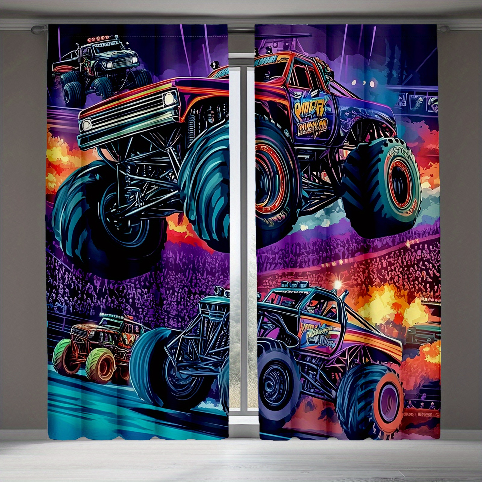TEMU 2d Flat - 2d Flat, 21.65x59inch/55x150cm 2d Flat, 2d Flat 2pcs Monster Truck Fleet Racing Car Curtains, Stadium Game Blackout Drapes For Bedroom