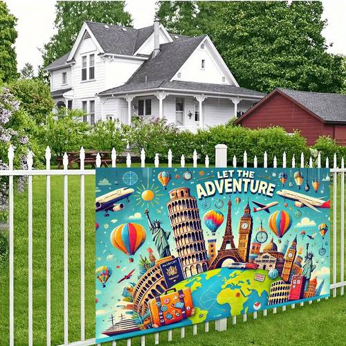 2d flat 1pc party banner 2d flat printing 8x6ft adventurethemed backdrop banner vibrant world landmarks airplanes design with let the adventure begin text durable fabric wall decor for home office party use no electricity required