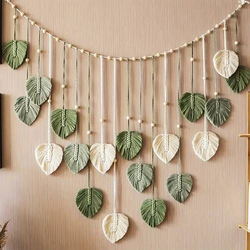 1 bohemian style leaf feather wall hanging green white and beige tapestry elegant textured home wall decor ideal mothers day bohemian style soft accent piece