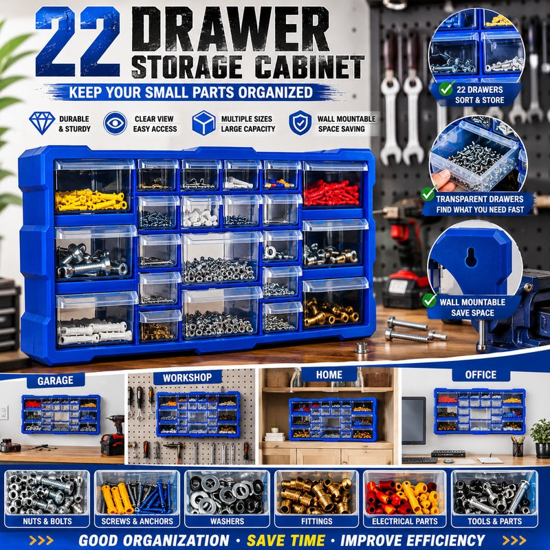 22 drawer parts organizer cabinet wall mount hardware storage box with clear drawers small parts organizer for screws nuts bolts washers auto   workshop tool storage blue