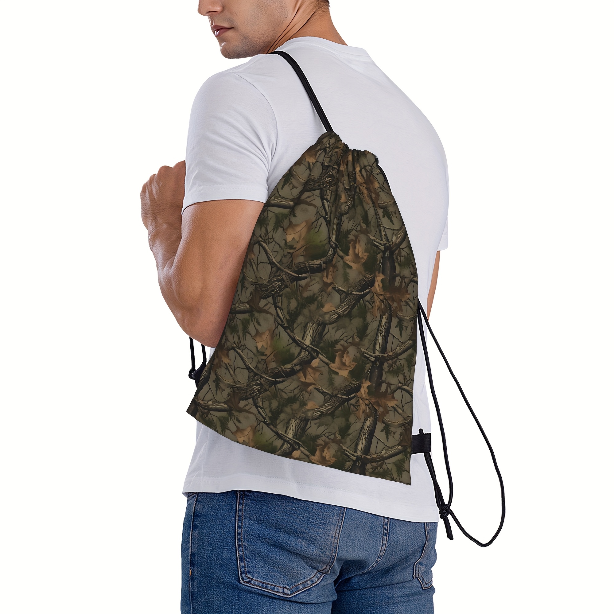 2D Flat Camouflage Drawstring Cinch Bag with Utility Pockets