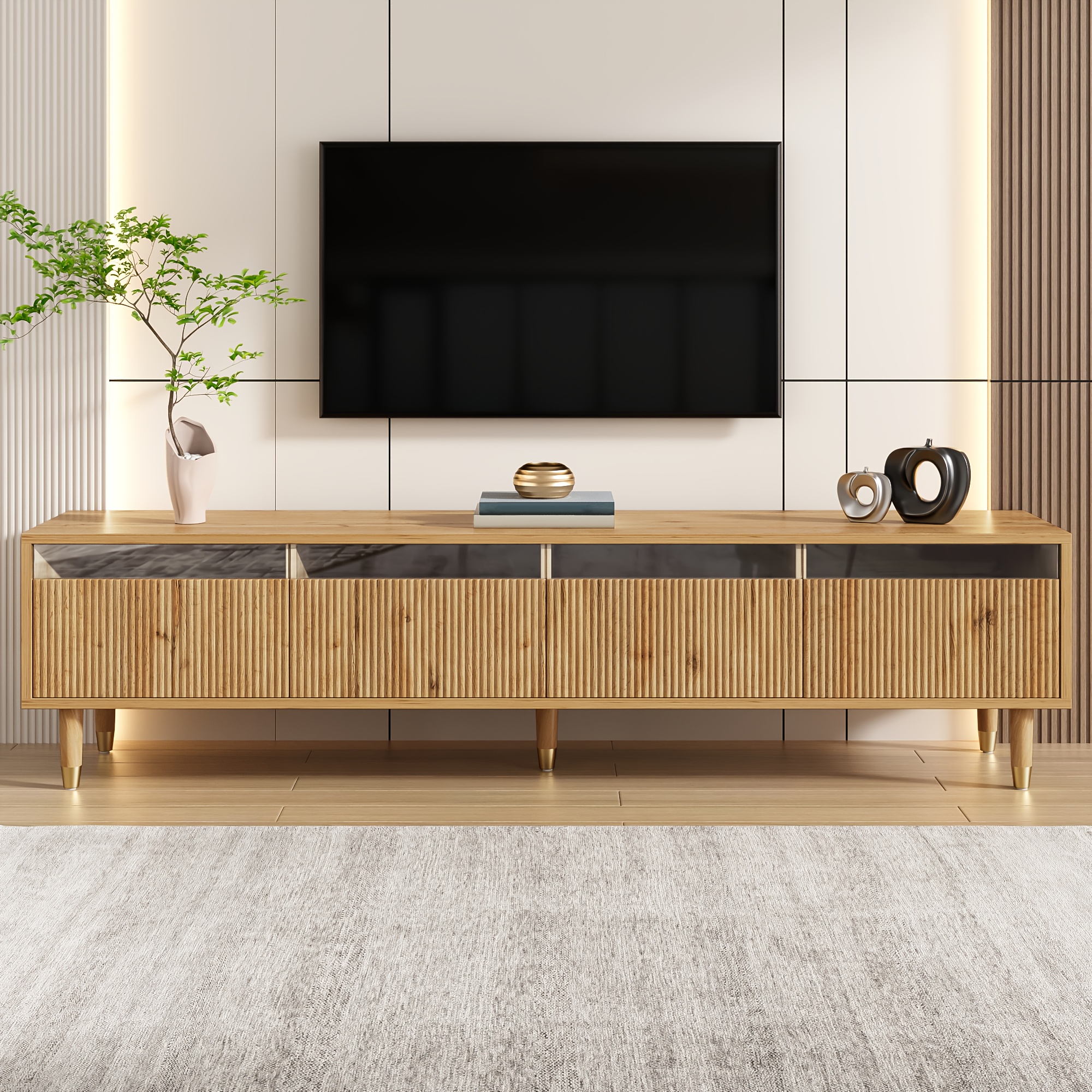 Modern Large 70-Inch Wide TV Stand Cabinet - Minimalist MDF & Acrylic Media Console with 4-Drawer Closed Storage, Light   &  , Sturdy Freestanding Furniture for Living Room, Easy   (No Batteries/Electrical) - Space-Saving Design for TVs & Electronics