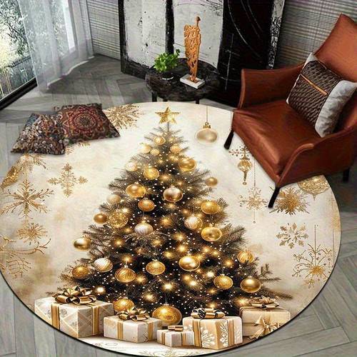 1pc elegant golden christmas tree round doormat machine washable 100 polyester fiber with golden accents and snowflake pattern holiday decoration suitable for living room bedroom entryway luxurious holiday gift soft